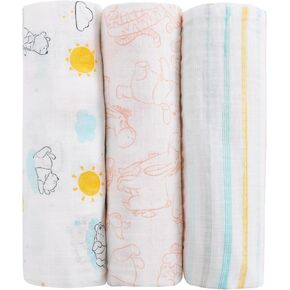 Disney Minnie Mouse Pink, Aqua, and White 3 Piece Muslin Swaddle Baby Blanket Set