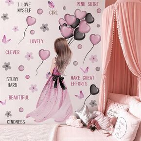 Love Heart Balloons Girl Wall Stickers, sacinora Pink Black Butterfly Bubble Petals Inspirational Quotes DIY Wall Decals Removable Vinyl Peel and Stick for Kids Girl Teenager Bedroom Nursery Art Decor