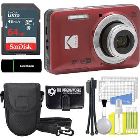 Kodak PIXPRO FZ55 Red 16MP Digital Camera 5X Optical Zoom 28mm Wide Angle 1080P Full HD Video 2.7" LCD Camera + 64GB Card and Reader + Case + Memory Wallet + Tripod + Cleaning Bundle