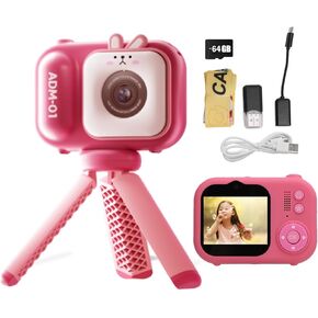 Kids Camera with Tripod, 48MP Children's Camera with 2.4 inch Screen, Dual Lens Digital Video Camera with 64GB TF Card, Gifts for Girls Boys (Red)