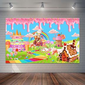 Candyland Birthday Backdrop Rainbow Castle Lollipop Sweets Background Candy Sweet Celebration Birthday Party Decorations Cake Table Banner Photo Props (6x3.6ft)
