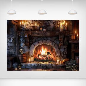 Halloween Fireplace Backdrop - 5x3ft Haunted Halloween Themed Decorations Spooky Stone Hearth Candles Skulls Banner Photography Parties Haunted House Photorealistic Indoor Decor