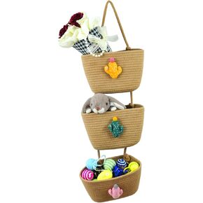 3-Tier Wall Hanging Baskets - Over the Door Cotton Rope Organizer, Decorative Storage Basket for Bedroom, Living Room, Kitchen, Entryway, Easter & Christmas (White Bee)