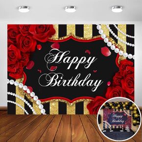 Avezano Red Rose Birthday Backdrop for Girls Woman Party Decorations Red Roses Floral Pearl Black and Gold Stripes Happy Birthday Party Banner Photoshoot Photography Background Party Supplies (7x5ft)