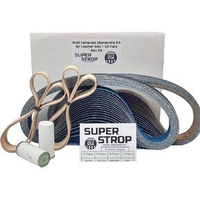 1X30 Complete Sanding Sharpening Belt Assortment Includes 2 Super Strop 1X30 Leather Honing Belts and 40 1X30 Silicon Carbide Sharpening Belts