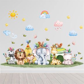Watercolor Africa Jungle Animals Wall Decals Elephant Lion Zebra Safari Wall Stickers Cartoon Lovely Clouds Rainbow Sun Wall Murals Peel and Stick Removable Kids Baby Bedroom Wall Decor