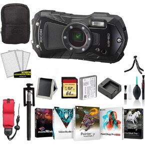 Ricoh WG-80 Waterproof Digital Camera, 2.7" LCD (Black) 03123 - Bundle with 64GB Memory Card, Carrying Case, Tripod, Corel Photo-Video-Art Suite + More (International Model)