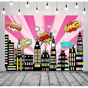 CORFOTO 7x5FT Pink Cartoon Super City Backdrop for Super City Birthday Backdrops Girls Comics Birthday Banner Supplies Urban Cityscape Night View Boom City Buildings Backdrop Super City Portraits Prop