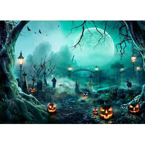 LYWYGG Halloween Backdrop for Photography Horror Night Background Scary Pumpkin Moon Backdrop for Party Decoration Supplies Studio Props CP-459(7x5ft)