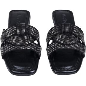 Women's Flat Slide Sandals - Glitter Bling Casual Sandal Fashionable Slides With Soft Leather Rhinestone Open Toe Slides Slippers for Summer | Comfort Walking With Classic Shoes(Black)
