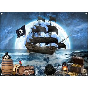 7x5FT Halloween Pirate Ship Backdrop, Nautical Adventure Treasure Polyester Photography Background for Parties, Galaxy Sky Parrot Sailing Ship Photo Booth Prop Decorations