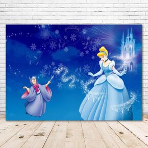Princess Cinderella Backdrop for Birthday Party 7 x 5 Baby Blue Background Castle Cinderella Baby Shower Background for Girl Happy Birthday Backdrops Cinderella Themed Party Banner, Silver