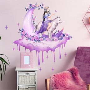 Purple Moon Rose Wolf Girl Wall Stickers, sacinora Creative Cold Beauty Art Wall Decals Removable Vinyl Peel and Stick for Girls Kids Baby Living Room Bedroom Nursery Art Decor