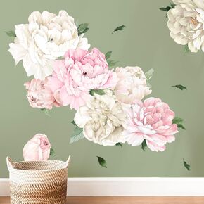 White Peony Wall Decals for Girls Bedroom Vinyl Flower Wall Decals Peel and Stick Floral Wall Stickers for Kids Room Baby Nursery