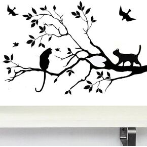 BIBITIME Black Cats on Tree Wall Art Decals Branch Leaves Flying Birds Vinyl Stickers for Nursery Classroom Children Bedroom Kids Room Decor Living Room Porch Home Art Mural