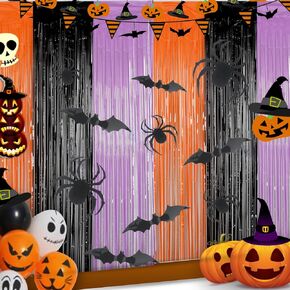 Halloween Party Decorations, 2 Pack Orange Purple Black Tinsel Foil Fringe Curtains, 3.3 x 6.6 FT Halloween Photo Booth Props,36 Pcs PVC Bat Spider Stickers Decals for Halloween Backdrop