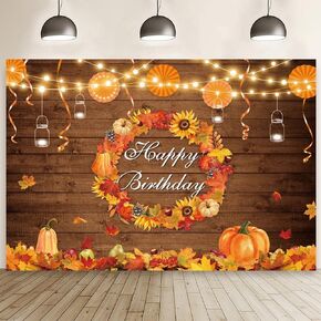 Fall Birthday Backdrop Autumn Rustic Wood Wall Photography Background Thanksgiving Pumpkin Maple Leaf Harvest Wreath Mexican Paper Fan Party Decoration Bday Cake Smash Photo Studio Props, 7x5ft