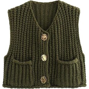 Women's Chunky Knit Vest Button Down Casual Sleeveless Cropped Crochet Sweater Cardigan with Pockets