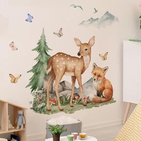 Woodland Animal Wall Decals，Animals Wall Decals Cartoon Animals Wall Stickers，Fox-Fawn Forest Animal Wall Decal，for Nursery Playroom Classroom,Forest Animal Wall Decals Peel and Stick
