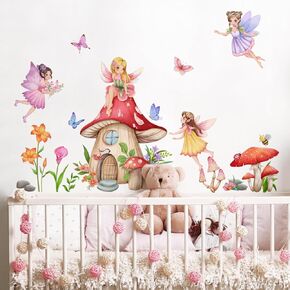 Fanwaoo Flower Fairy Wall Decals Mushroom Girl Wall Stickers Colorful Butterflies Sticker for Kids Room Baby Nursery Playroom Living Room Wall Decoration