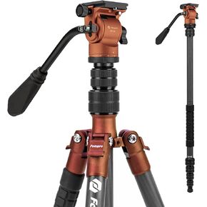 Fotopro 59" Carbon Fiber Travel Tripod, Compact Camera Tripod with Fluid Head, Detachable Monopod with Quick Release Plate and Bag, Video Tripod Load up to 8KG/17.63lbs, Orange