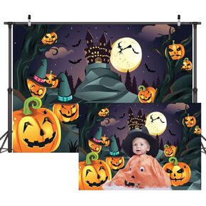 CYLYH 7x5ft Halloween Themed Photography Backdrop Castle Pumpkin Head Flying Bats Under Moonlight Background Photo Studio Props D188