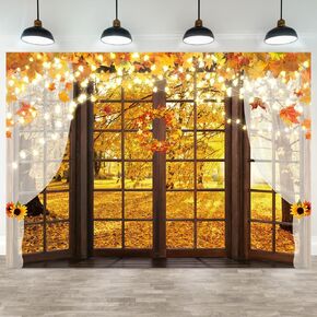 Hilioens 7x5ft Fall Windowsill Backdrop Autumn Forest Photography Background for Kids Photoshoot Maple Leaf Natural Scenery Banner Decoration Party Supplies Photo Studio Booth Props