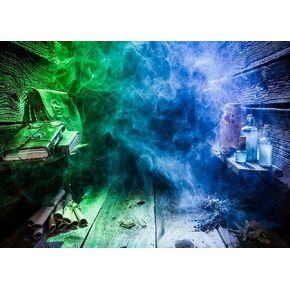 BELECO 7x5ft Fabric Chemistry Laboratory Backdrop Magical Witch Hut with Potions, Scrolls, Books, Blue Green Smoke Background Halloween Lab Party Decorations Mad Science Backdrop Banner Photo Props