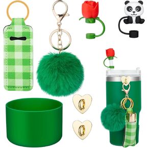 Red Silicone Boot for Stanley Cup 40 OZ, Boots for Stanley Iceflow 30 20 OZ, Sleeve for Yeti Rambler 42 35 25 with Rose and Panda Straw Cover, Pompom Keychain, Lipstick Holder