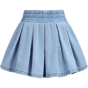 MakeMeChic Girl's Pleated Jean Skirt Elastic High Waisted Uniform Short Denim Skirt