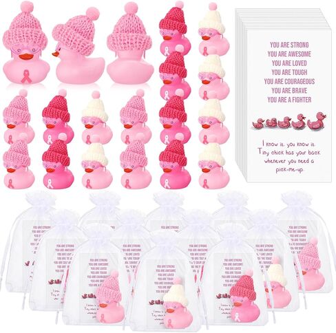 Deekin 30 Sets Pink Ribbon Rubber Duck Breast Cancer Gifts Mini Rubber Ducks with Glasses and Hats with Card Organza Bags Bulk for Breast Cancer Awareness Month Bulk Party Favors in Saudi Arabia