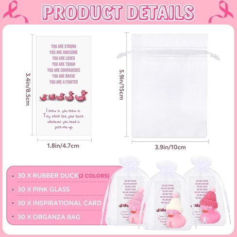 Deekin 30 Sets Pink Ribbon Rubber Duck Breast Cancer Gifts Mini Rubber Ducks with Glasses and Hats with Card Organza Bags Bulk for Breast Cancer Awareness Month Bulk Party Favors in Saudi Arabia
