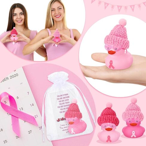 Deekin 30 Sets Pink Ribbon Rubber Duck Breast Cancer Gifts Mini Rubber Ducks with Glasses and Hats with Card Organza Bags Bulk for Breast Cancer Awareness Month Bulk Party Favors in Saudi Arabia