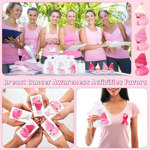 Deekin 30 Sets Pink Ribbon Rubber Duck Breast Cancer Gifts Mini Rubber Ducks with Glasses and Hats with Card Organza Bags Bulk for Breast Cancer Awareness Month Bulk Party Favors in Saudi Arabia