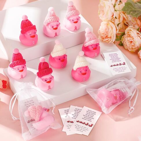 Deekin 30 Sets Pink Ribbon Rubber Duck Breast Cancer Gifts Mini Rubber Ducks with Glasses and Hats with Card Organza Bags Bulk for Breast Cancer Awareness Month Bulk Party Favors in Saudi Arabia