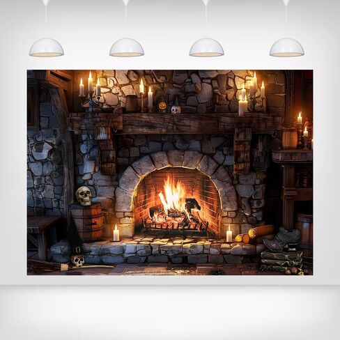 Halloween Fireplace Backdrop - 5x3ft Haunted Halloween Themed Decorations Spooky Stone Hearth Candles Skulls Banner Photography Parties Haunted House Photorealistic Indoor Decor in Saudi Arabia
