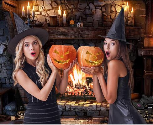 Halloween Fireplace Backdrop - 5x3ft Haunted Halloween Themed Decorations Spooky Stone Hearth Candles Skulls Banner Photography Parties Haunted House Photorealistic Indoor Decor in Saudi Arabia