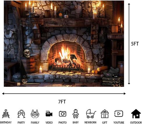 Halloween Fireplace Backdrop - 5x3ft Haunted Halloween Themed Decorations Spooky Stone Hearth Candles Skulls Banner Photography Parties Haunted House Photorealistic Indoor Decor in Saudi Arabia