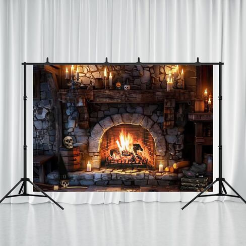 Halloween Fireplace Backdrop - 5x3ft Haunted Halloween Themed Decorations Spooky Stone Hearth Candles Skulls Banner Photography Parties Haunted House Photorealistic Indoor Decor in Saudi Arabia