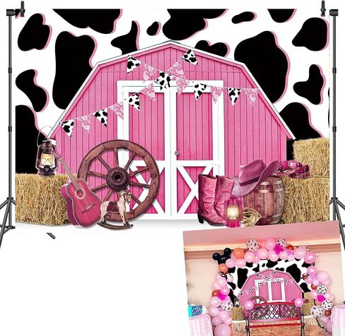 WGSFAGEVEN 7x5ft Cowgirl Backdrop Cow Print Backdrops Pink Barn Background Straw Barn Door Wood Background Western Country Farm Women Birthday Party Photo Booth Prop in Saudi Arabia