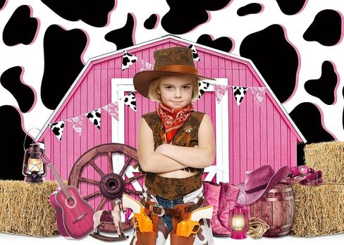 WGSFAGEVEN 7x5ft Cowgirl Backdrop Cow Print Backdrops Pink Barn Background Straw Barn Door Wood Background Western Country Farm Women Birthday Party Photo Booth Prop in Saudi Arabia