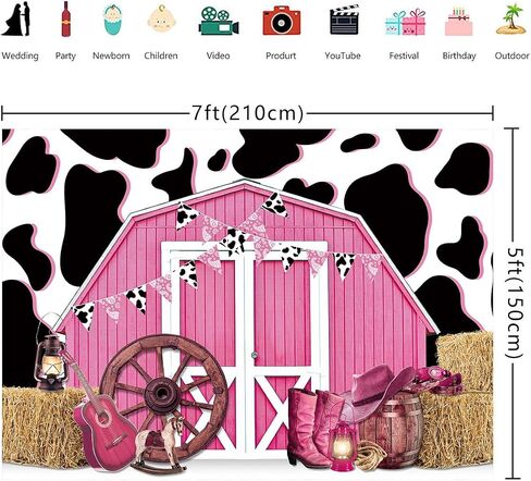 WGSFAGEVEN 7x5ft Cowgirl Backdrop Cow Print Backdrops Pink Barn Background Straw Barn Door Wood Background Western Country Farm Women Birthday Party Photo Booth Prop in Saudi Arabia