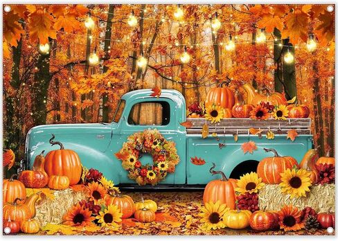 ZTHMOE 7x5ft Polyester Fall Forest Blue Truck Photography Backdrop Autumn Harvest Pumpkin Maple Leaves Background Thanksgiving Party Decorations Photo Banner Props with Four Holes Easy to Hang in Saudi Arabia