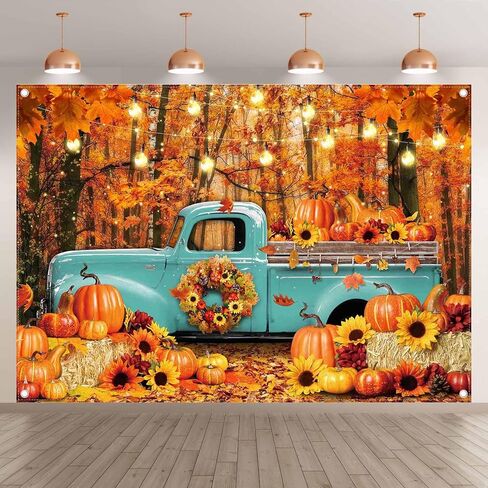 ZTHMOE 7x5ft Polyester Fall Forest Blue Truck Photography Backdrop Autumn Harvest Pumpkin Maple Leaves Background Thanksgiving Party Decorations Photo Banner Props with Four Holes Easy to Hang in Saudi Arabia