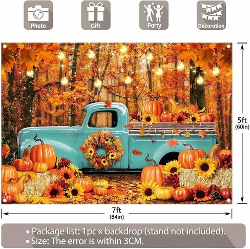 ZTHMOE 7x5ft Polyester Fall Forest Blue Truck Photography Backdrop Autumn Harvest Pumpkin Maple Leaves Background Thanksgiving Party Decorations Photo Banner Props with Four Holes Easy to Hang in Saudi Arabia
