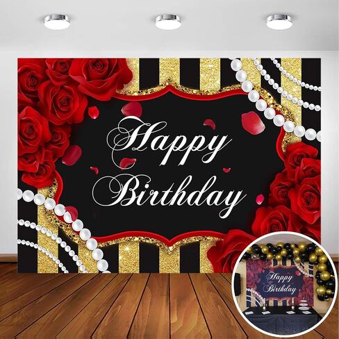 Avezano Red Rose Birthday Backdrop for Girls Woman Party Decorations Red Roses Floral Pearl Black and Gold Stripes Happy Birthday Party Banner Photoshoot Photography Background Party Supplies (7x5ft) in Saudi Arabia
