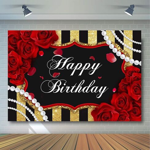 Avezano Red Rose Birthday Backdrop for Girls Woman Party Decorations Red Roses Floral Pearl Black and Gold Stripes Happy Birthday Party Banner Photoshoot Photography Background Party Supplies (7x5ft) in Saudi Arabia