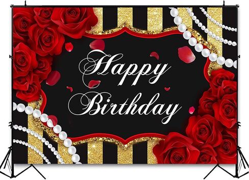 Avezano Red Rose Birthday Backdrop for Girls Woman Party Decorations Red Roses Floral Pearl Black and Gold Stripes Happy Birthday Party Banner Photoshoot Photography Background Party Supplies (7x5ft) in Saudi Arabia