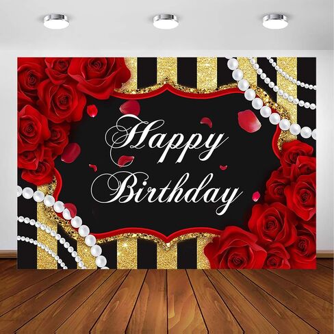 Avezano Red Rose Birthday Backdrop for Girls Woman Party Decorations Red Roses Floral Pearl Black and Gold Stripes Happy Birthday Party Banner Photoshoot Photography Background Party Supplies (7x5ft) in Saudi Arabia