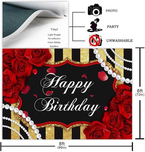 Avezano Red Rose Birthday Backdrop for Girls Woman Party Decorations Red Roses Floral Pearl Black and Gold Stripes Happy Birthday Party Banner Photoshoot Photography Background Party Supplies (7x5ft) in Saudi Arabia